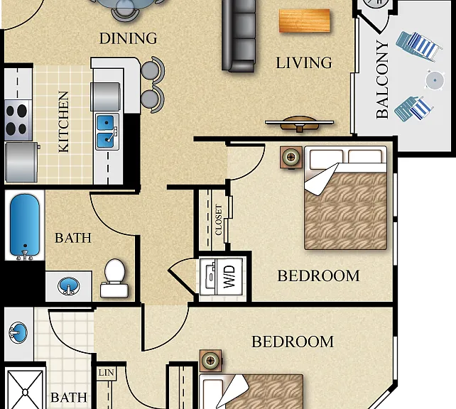 2 Bed 2 Bath 944-949 Sq. Ft. Floorplan Diagram