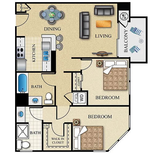 Floor plan 2 Bed 2 Bath 944-949 Sq. Ft.