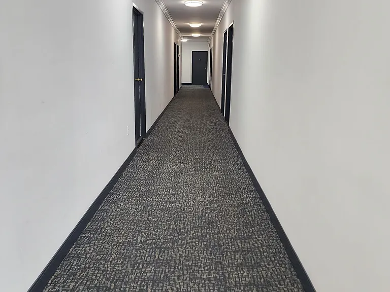 All the hallways bottom to top--from the 1st to 5th floors -- are brightly lit with white walls and navy blue carpeting.
