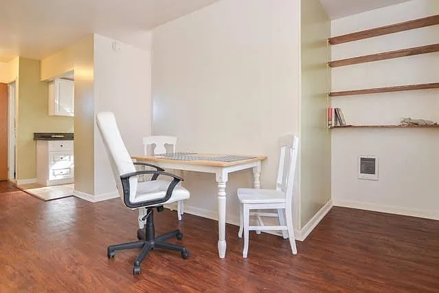 Dining table and shelves.
