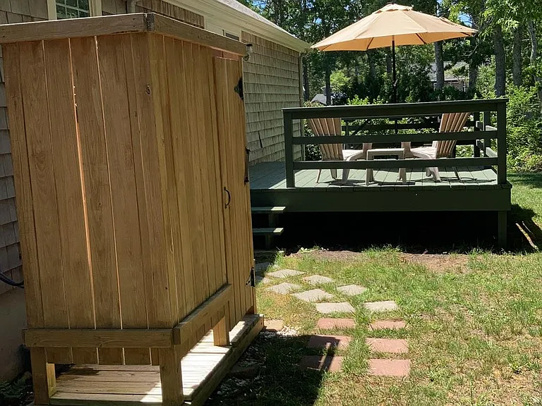 Outdoor shower and deck area.
