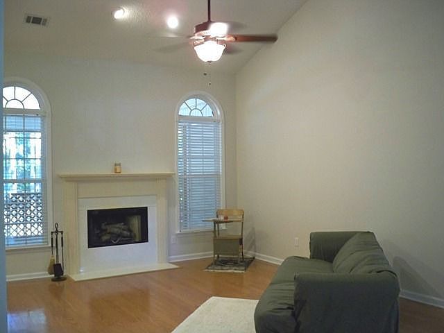 large open family room with fireplace