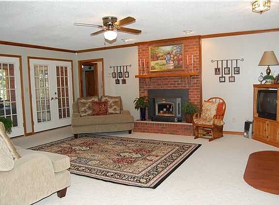 French doors, wood stove