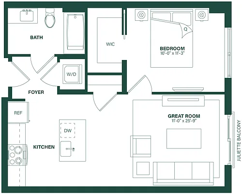 Floor plan 1 Bed/1 Bath-1A