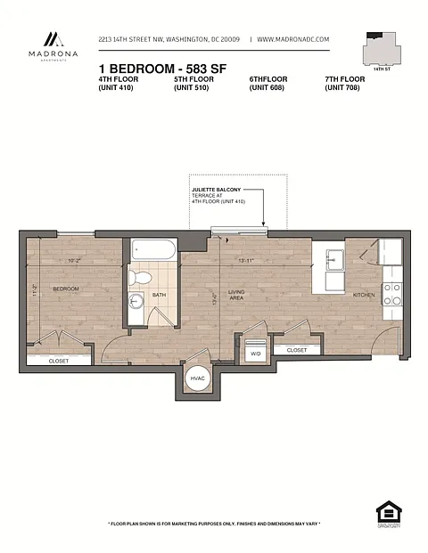 Floor plan 1Bed/Bath 402-502-602-702
