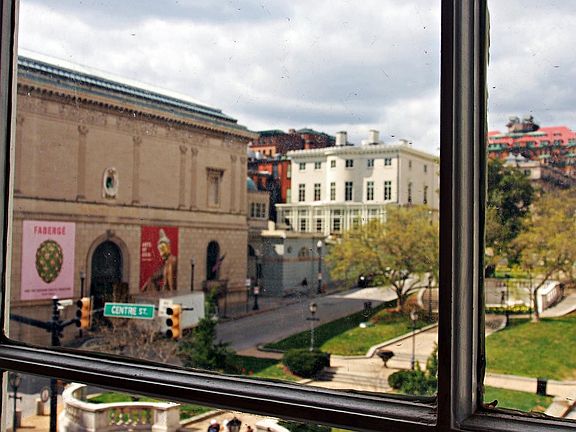 Views of the Walter's Art Gallery, Washington Monument and Mount Vernon square from the from living room window