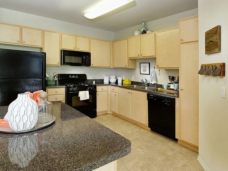 Classic Package I kitchen with laminate countertops, black appliances, light cabinetry, and tile flooring