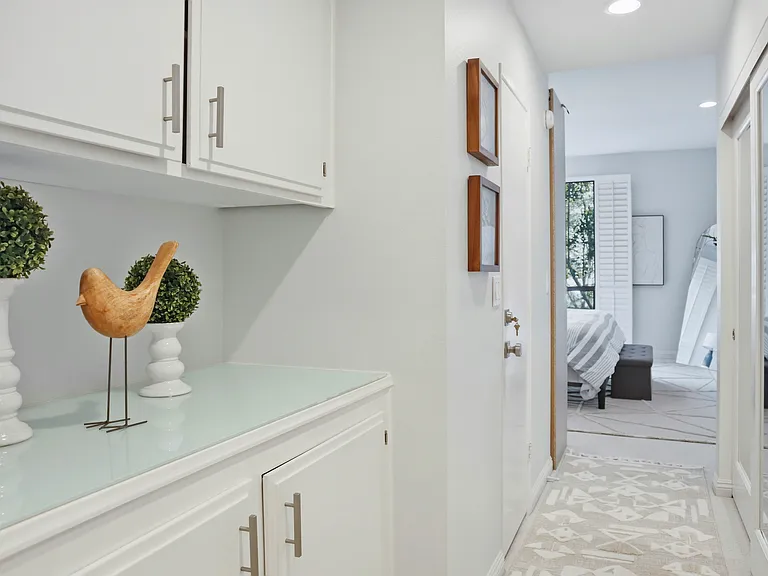 Primary bedroom hallway with ample closets and storage.