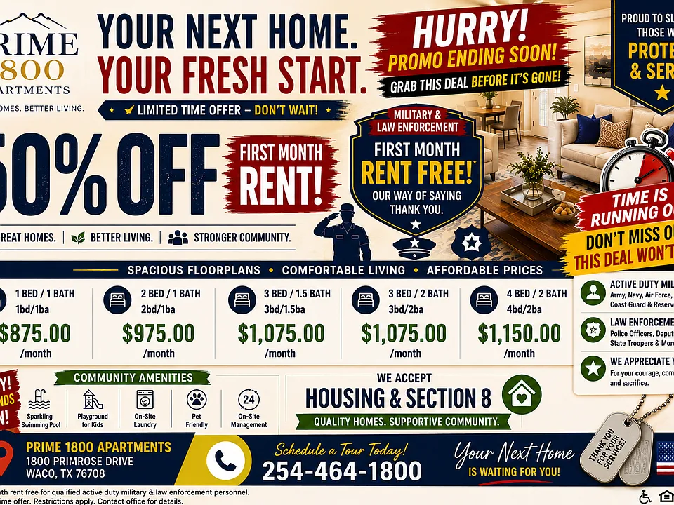 WACO APARTMENTS - 50% OFF First Month Rent, and Housing & Section 8 accepted