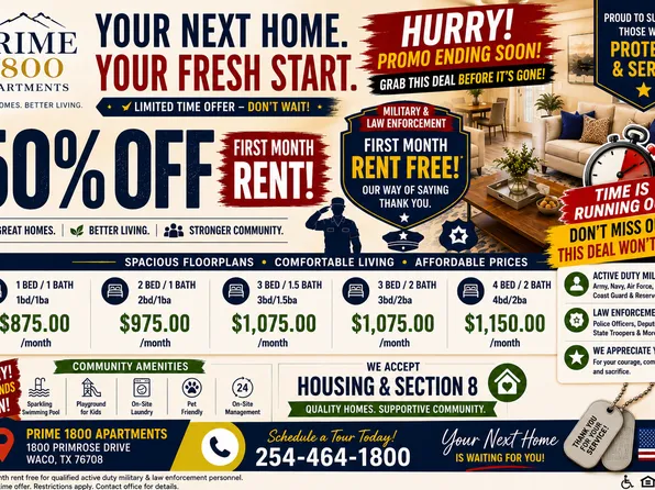 WACO APARTMENTS - 50% OFF First Month Rent, and Housing & Section 8 accepted