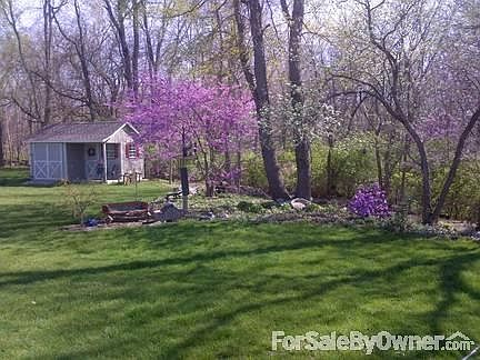 Back yard/timber and storage shed
						:
						Spring view of timber edge and new storage building. Shade garden in timber