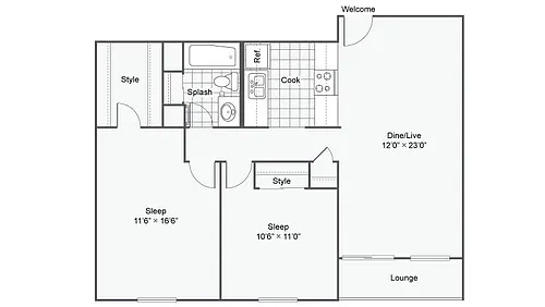 Floor plan 2 Bed 1 Bath A