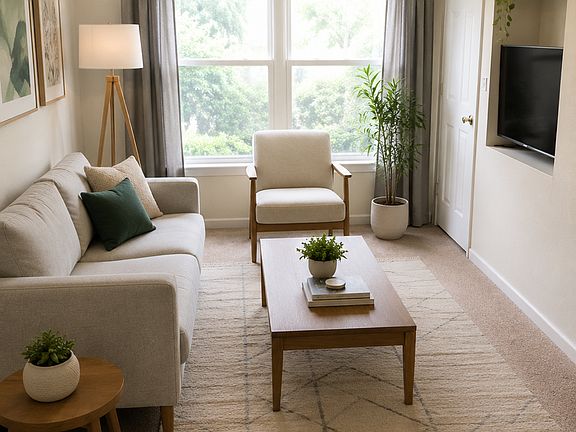 Virtually staged living room. Wall cut out is part of the actual room design.