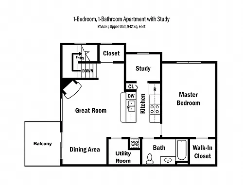Floor plan 1-Bedroom, 1-Bath Apt. w/Study (2nd Floor)