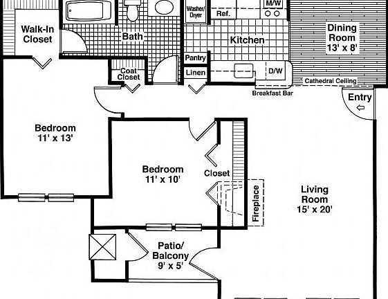 2 Bedroom, 1 Bathroom Floorplan