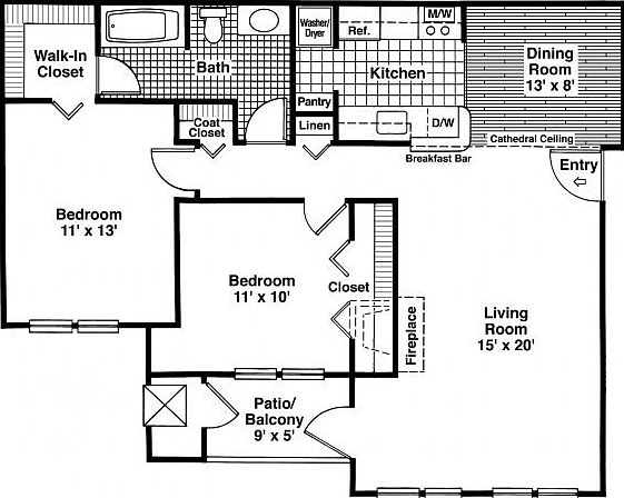 2 Bedroom, 1 Bathroom Floorplan