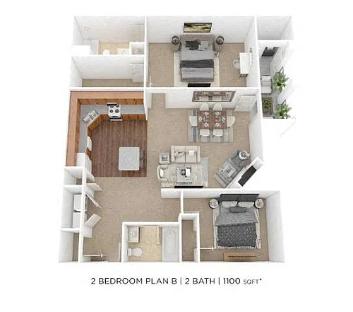 Floor plan Two Bedroom 2 Bath - 1,100 sqft