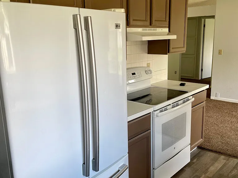 French door refrigerator with bottom pull out freezer drawer. Induction range.