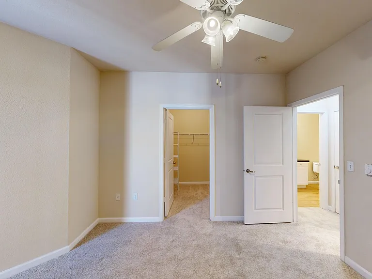 Spacious apartment bedroom with large closet and plush carpet flooring.