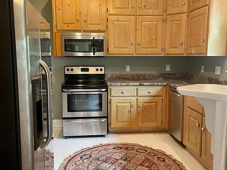 Stainless steel fridge, stove, microwave, and dishwasher