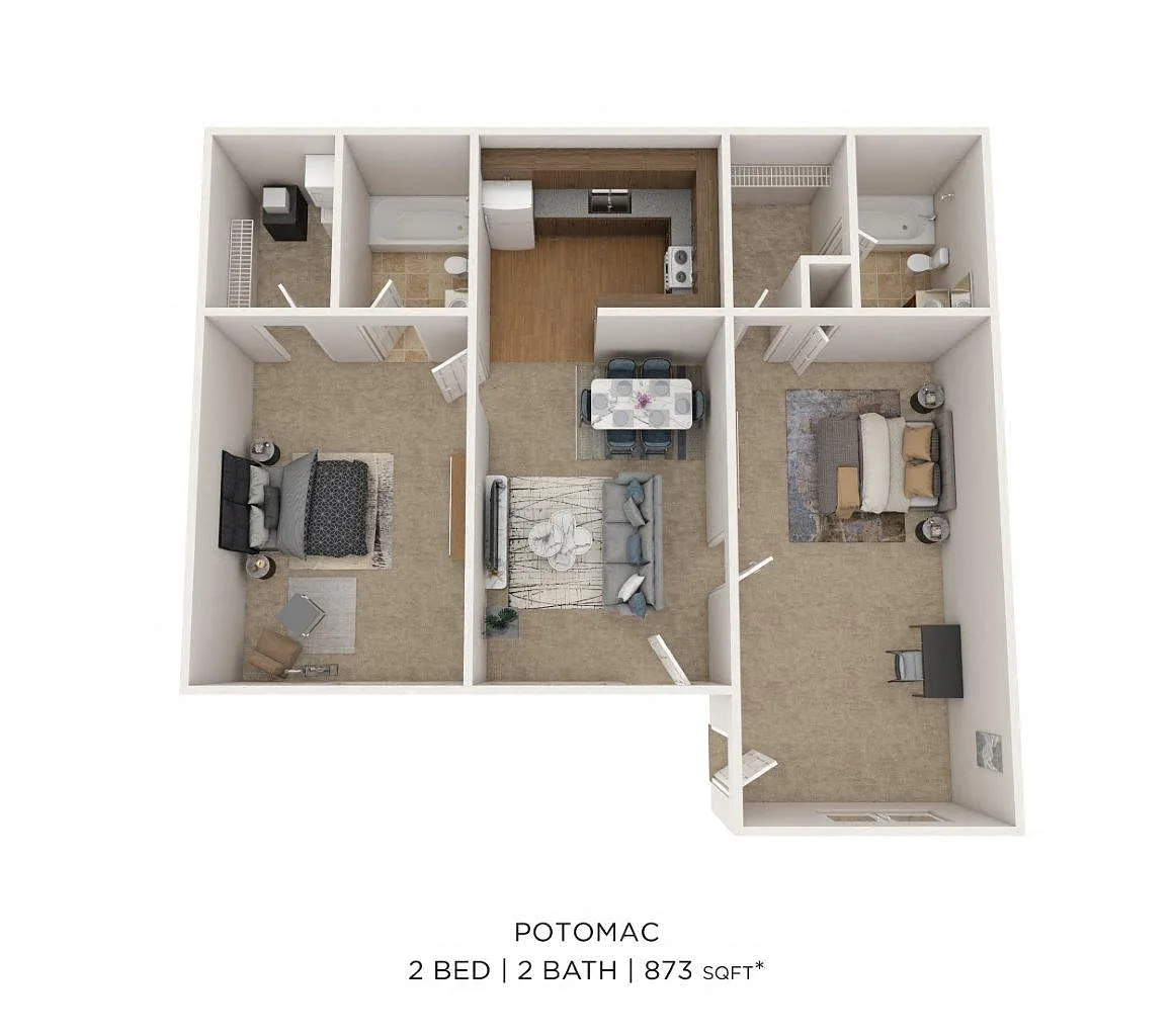 Floor plan Two Bedroom 2 Bath - 873 sqft