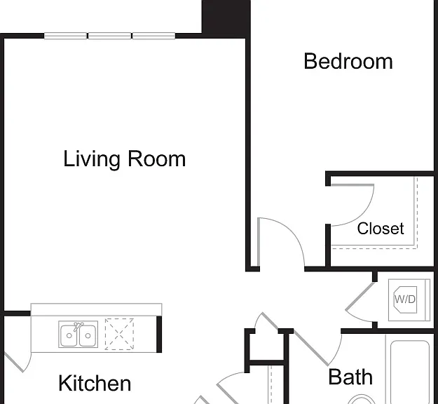 Modern 1-bedroom apartment floor plan featuring spacious living room, efficient kitchen, and convenient bathroom layout. Modern 1-bedroom apartment floor plan featuring spacious living room, efficient kitchen, and convenient bathroom layout.