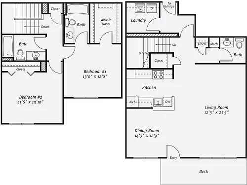 Floor plan 2 Bed/2.5 Bath-The Hogan TH Garage
