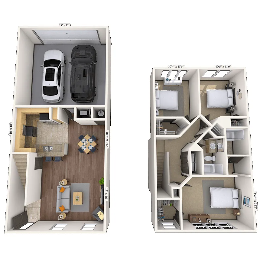 Floor plan Townhome 3x2 1396-1427 SF