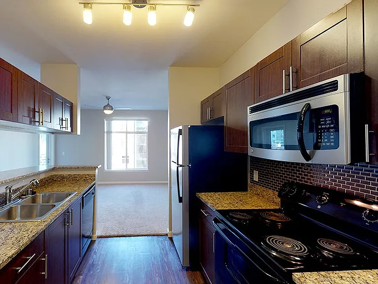 Apartment kitchen with granite countertops and wood-style flooring.