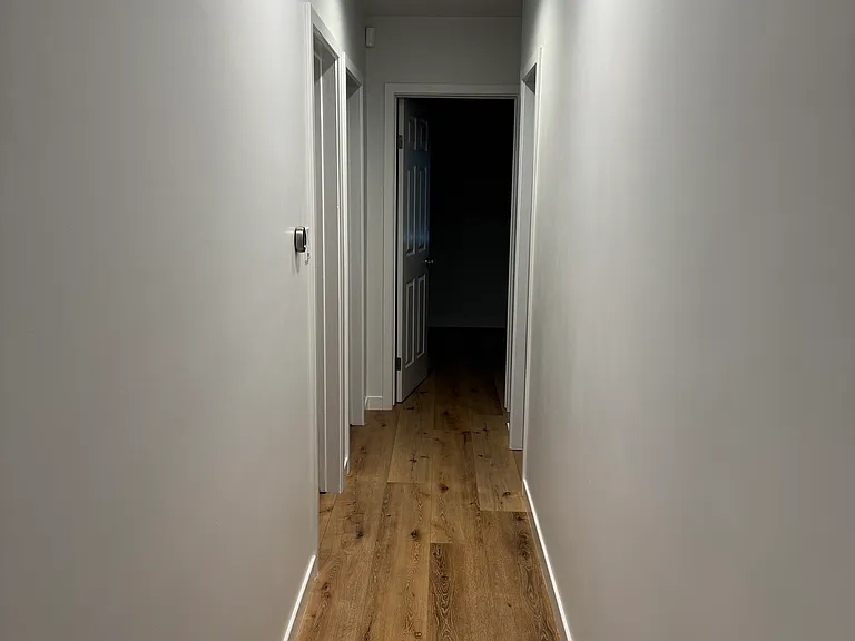 Bright hallway featuring recessed lighting, smooth walls, and warm wood flooring that flows throughout the home.