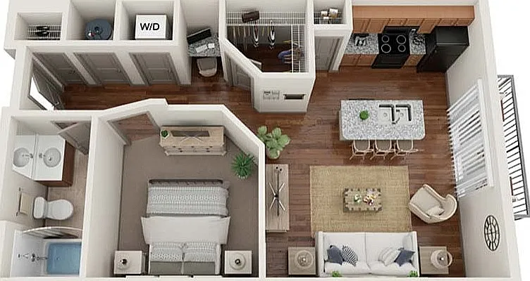 The Fishers features a smart 1-bedroom, 1-bath layout with granite counters, a kitchen island, and a walk-in closet. Perfect for those who want stylish, functional living in Fishers, IN, with all the modern comforts you need. The Fishers features a smart 