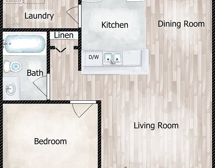 1 Bed 1 Bath Floorplan Diagram