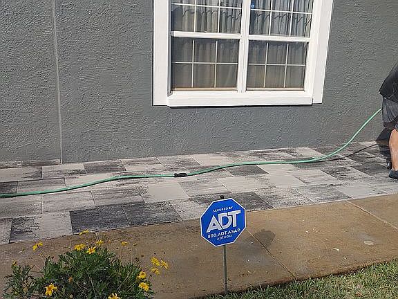 Kitchen window,  paver patio