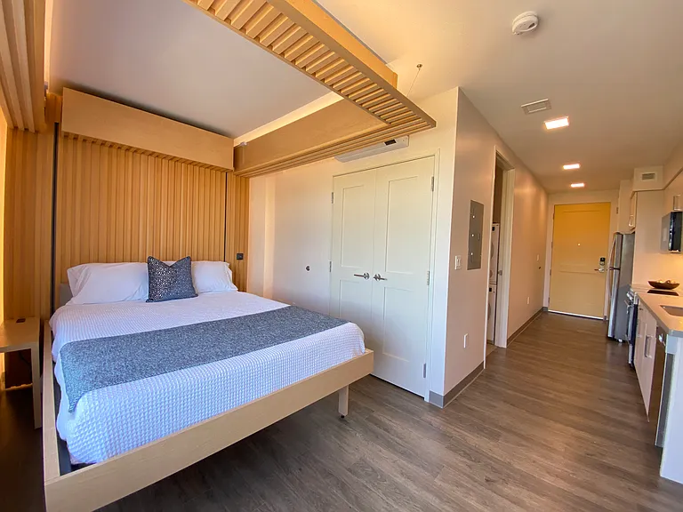Partially Furnished apartment has a queen sized bed and sofa