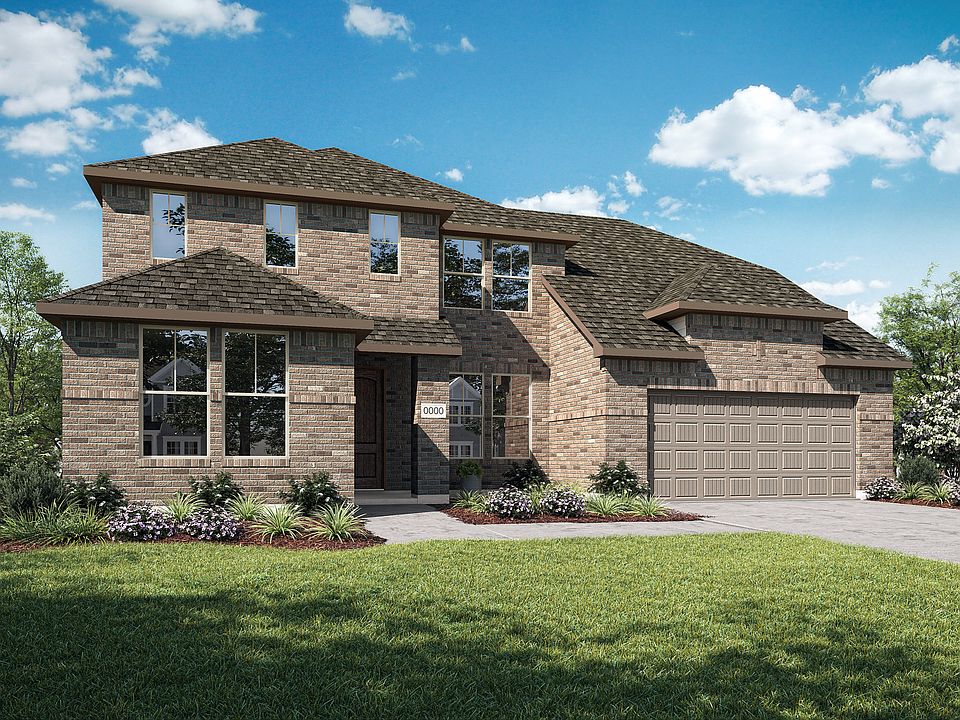 Elevation A is a two story full brick moden inspired home design with ample front windows to provide