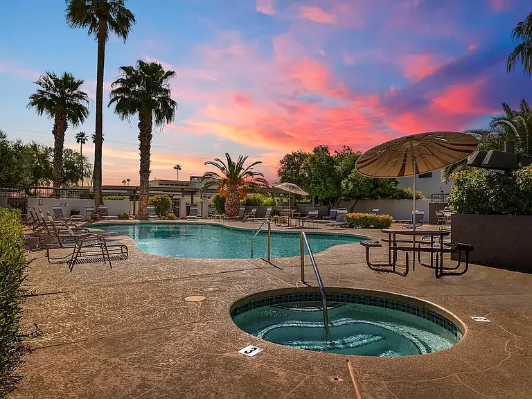 Community pool at sunset