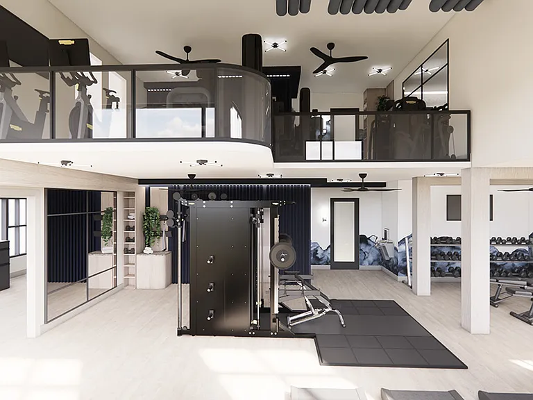 Two-story, fully-equipped fitness club featuring Technogym equipment