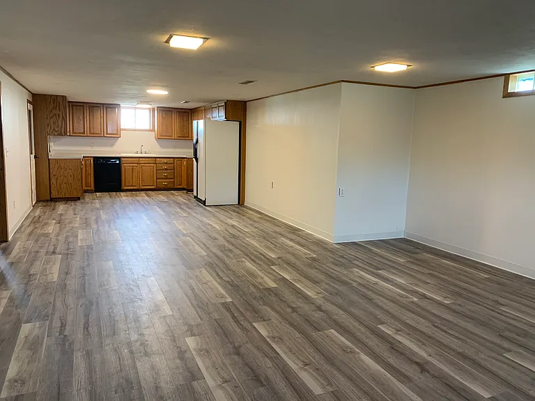 Large basement with kitchen area