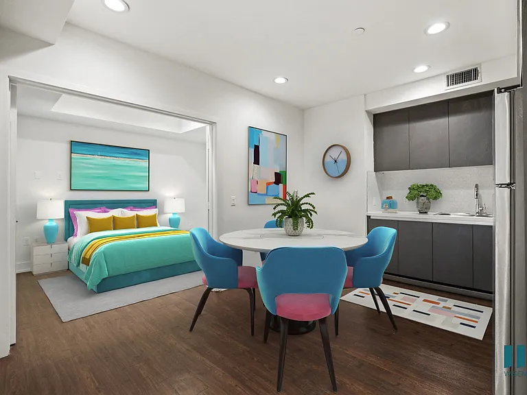 Kitchen/Dining Area with Bedroom with Double-Doors