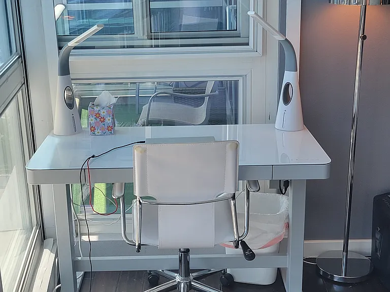 Master bedroom and standing/sitting electronic desk with lights, printer/scanner and shredder