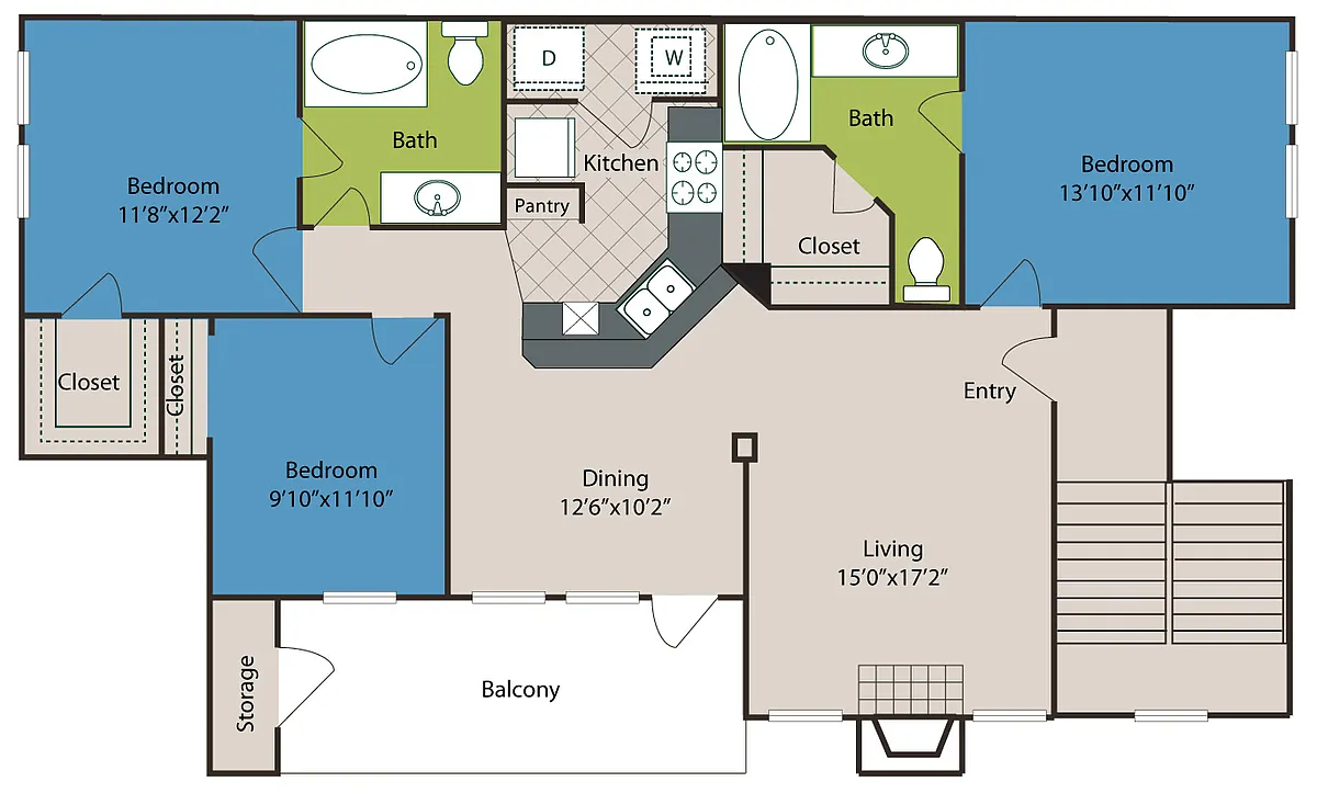 Floor plan 3 bedroom 2 bathroom 1268 sq ft