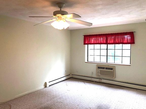 Living room (18 x 11) with large window looking out over tree-lined Rail Trail