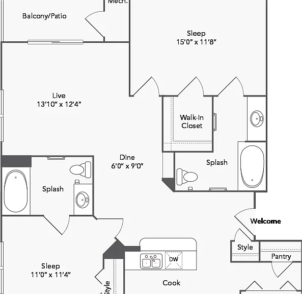 Bedford 2 Bed x 2 Bath Floorplan Bedford 2 Bed x 2 Bath Floorplan
