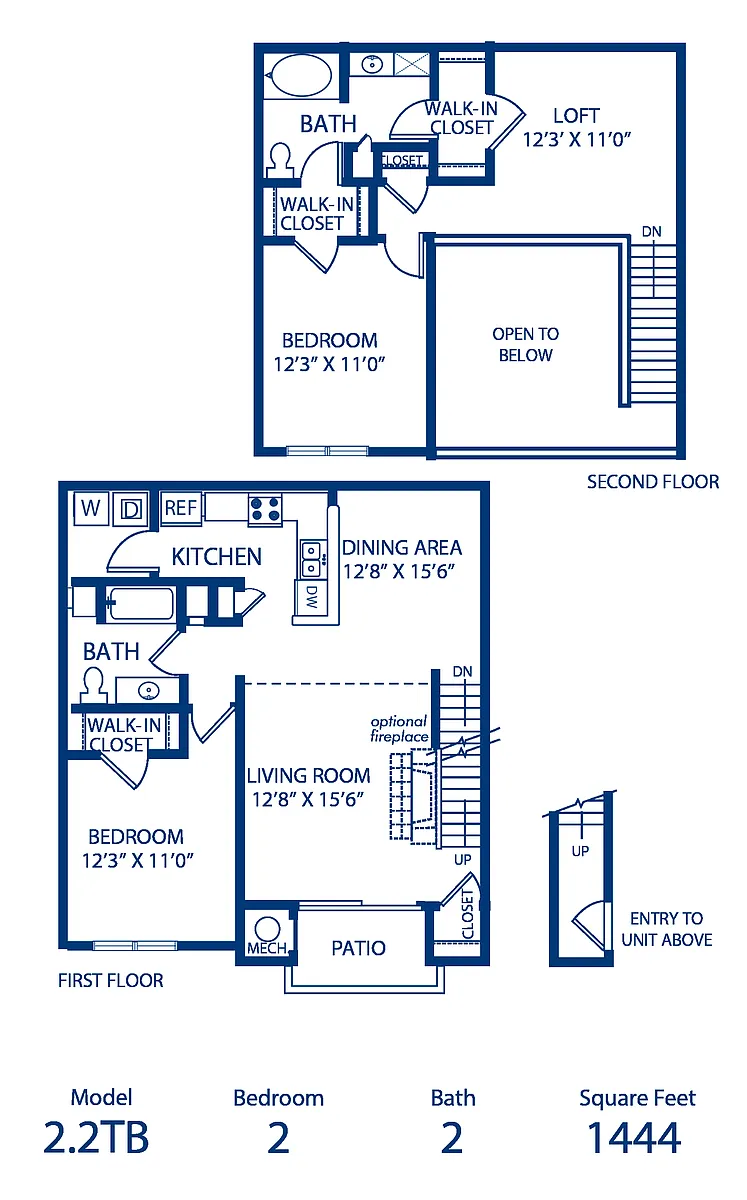 Floor plan 2BR 2BA 1444 sqft Townhouse