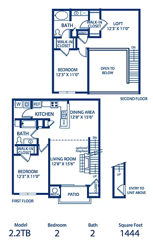 Floor plan 2BR 2BA 1444 sqft Townhouse
