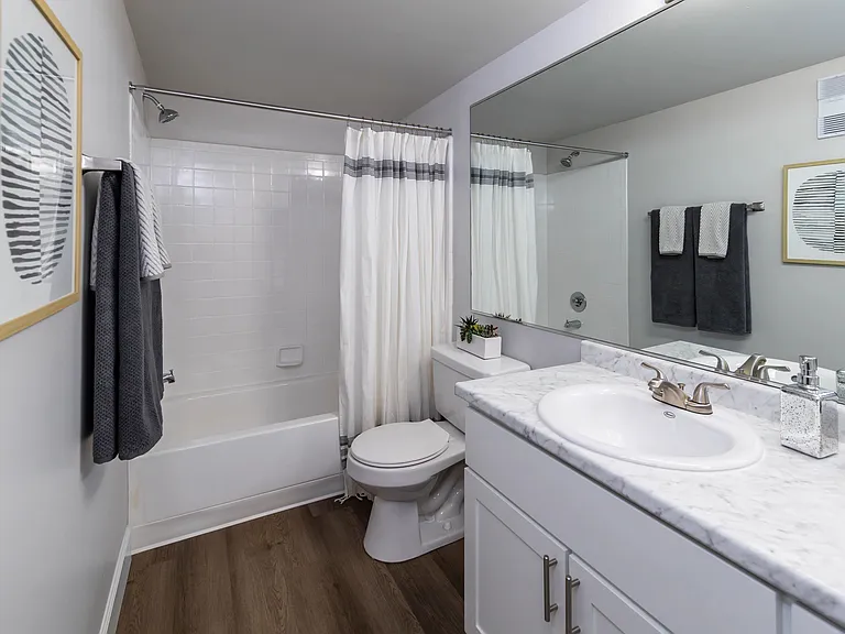 A lavish and spacious restroom with a lengthy mirror and wide countertop with stylish wood-style flooring and a white surround shower/tub combo.