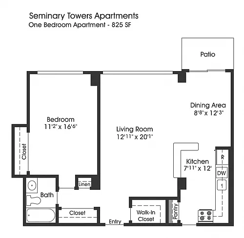 Floor plan 1BR 1BA (825sf)
