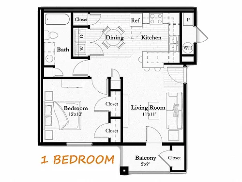 Floor plan 1 Bedroom, 1 Bath