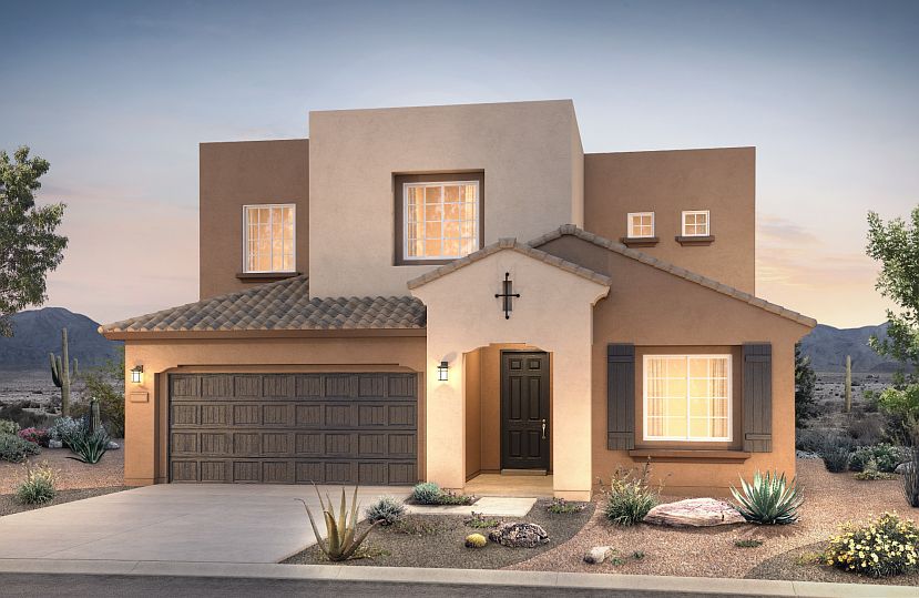 The two-story Trento in Elevation A shown with earth-toned stucco selections.