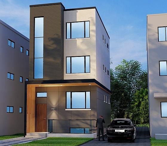 Chic modern design with concrete panels and corrigated steel. Mutual driveway and parking in rear out of view.